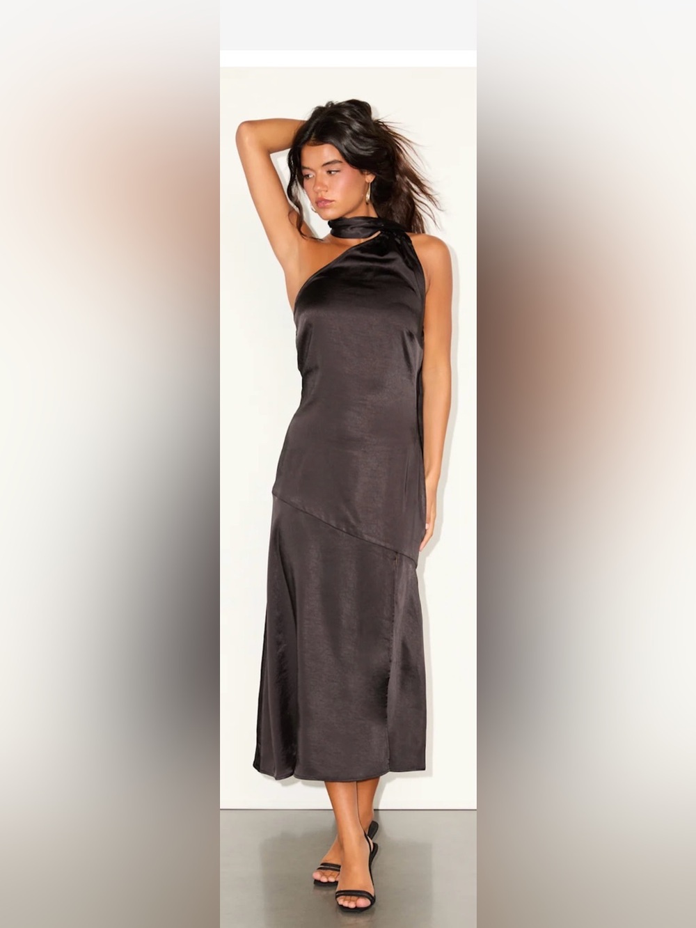 Lulus Reglan Black Satin One-Shoulder Sash Midi Dress
